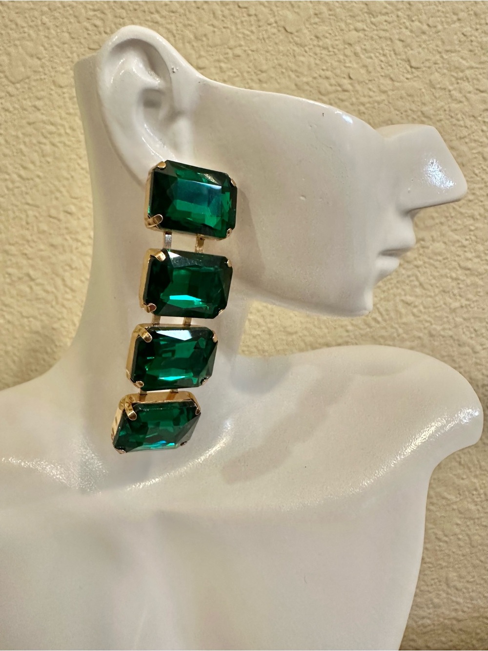 Emerald Green Crystal Statement Drop Earrings - Gold Setting